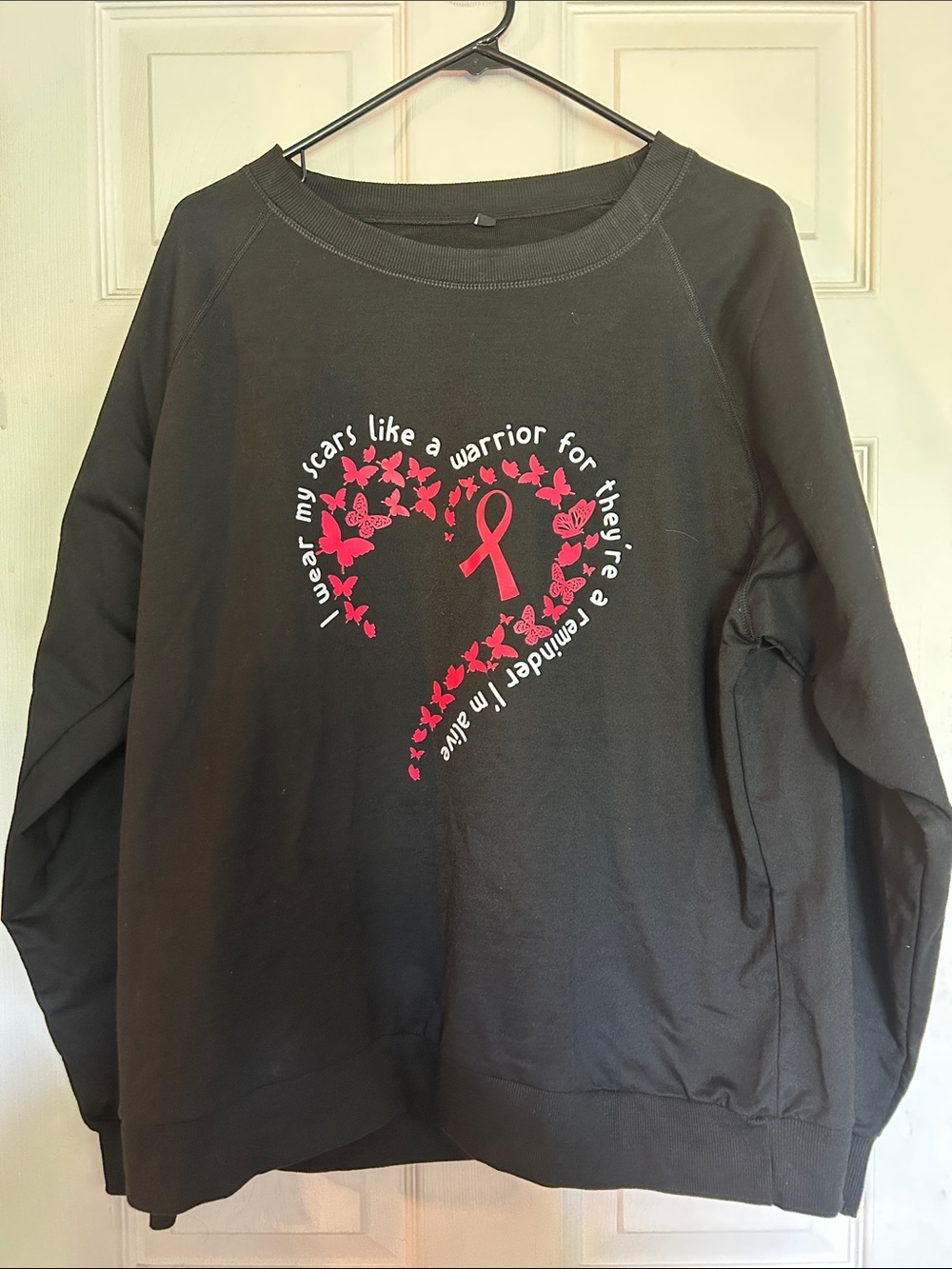 Black Women's Crewneck Sweater with Pink Ribbon Cancer Survivor Heart Graphic